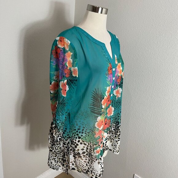 Soft Surroundings Womens Small Floral Animal Print Blouse Tunic Top Sheer Shirt - Picture 6 of 13